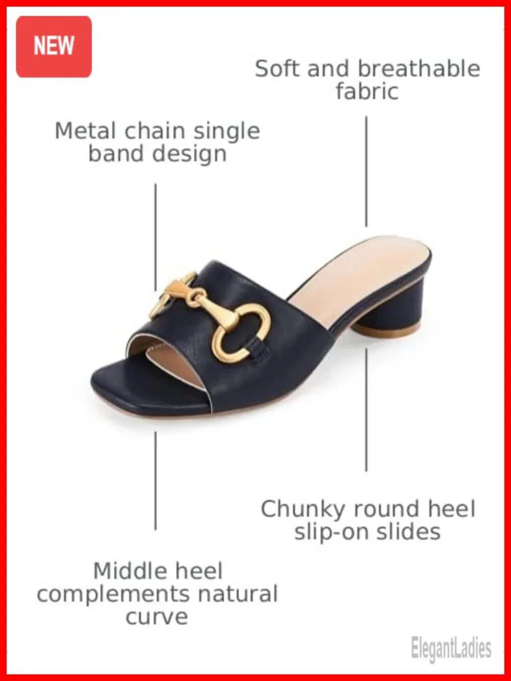 Womens Slide Sandals Square Open Toe Slip On Low Heel Metal Chain Faux Leather